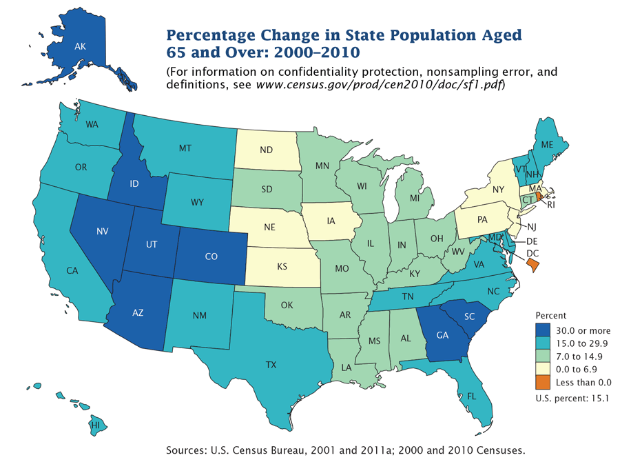 Percent change in senior population, 2000-2010